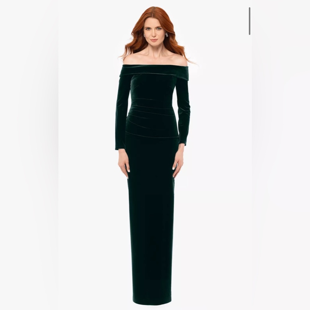 Green velvet evening gown